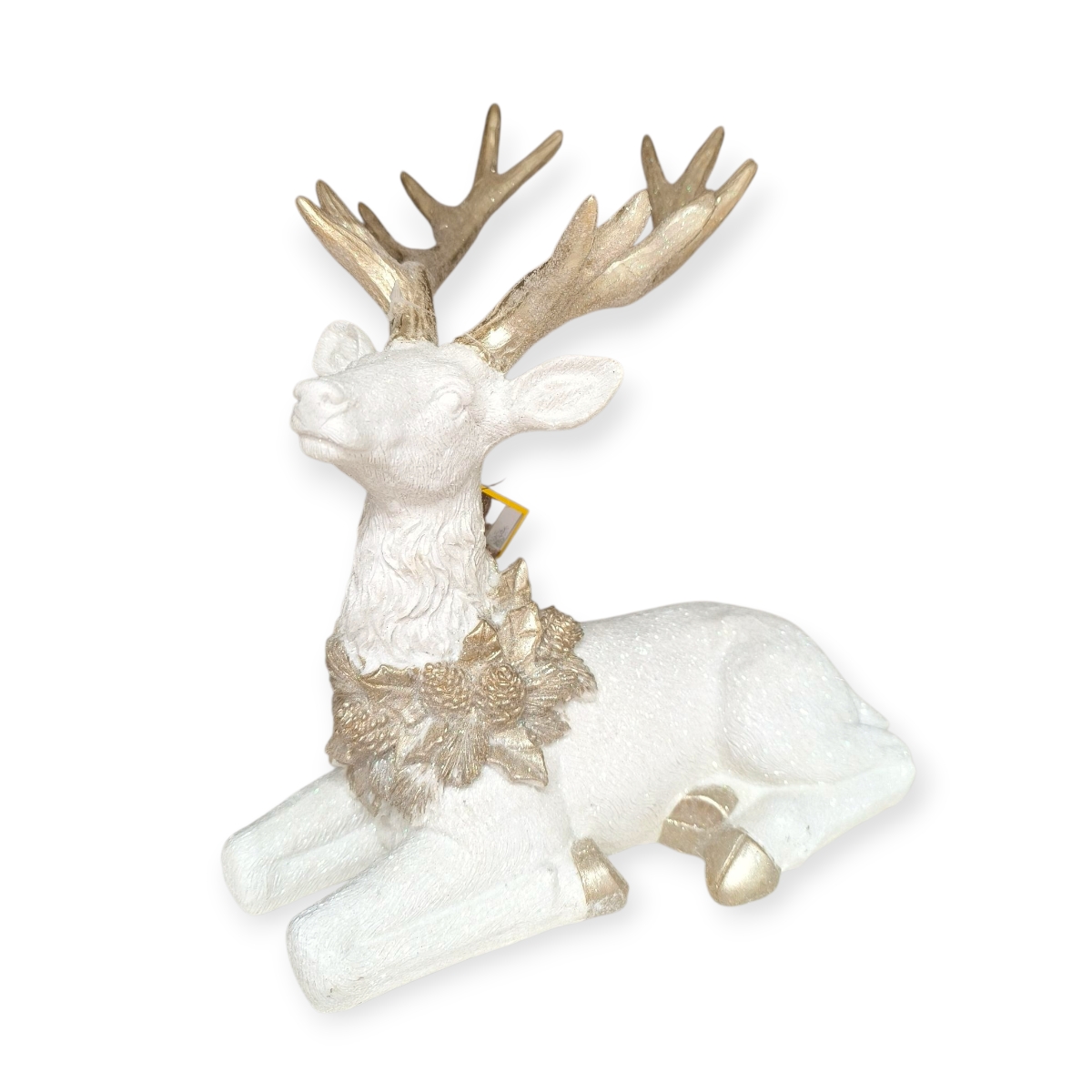 3D karácsonyi dekoráció rénszarvas arany-fehér csillámmal 23 cm