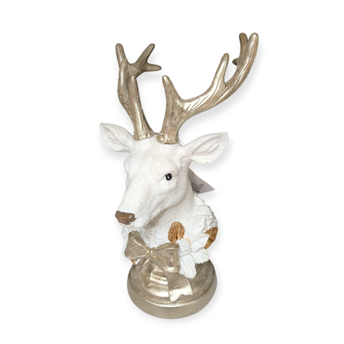 3D karácsonyi dekoráció fehér rénszarvasfej arany talppal 23 cm