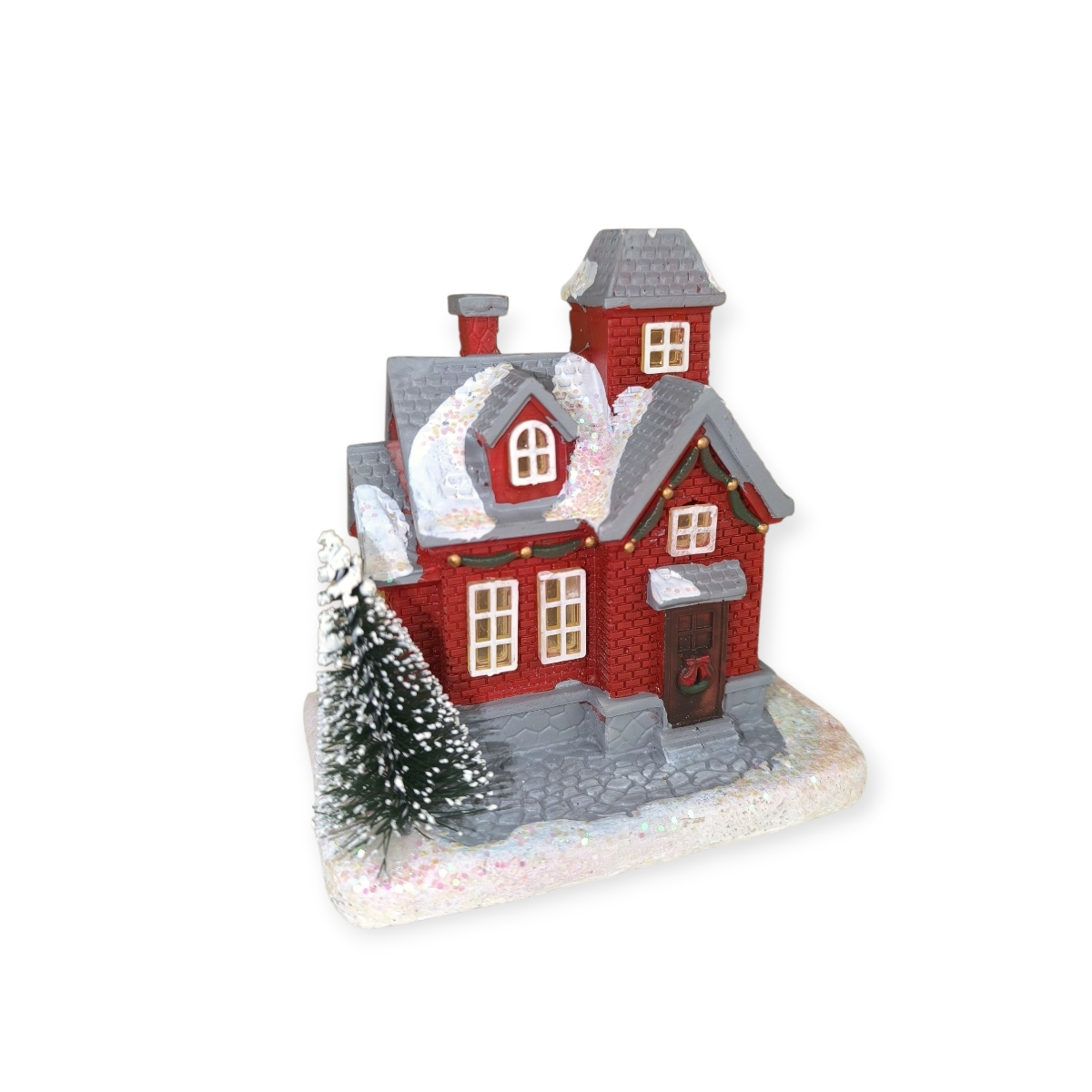 Karácsonyi falu dekoráció LED-es vörös ház és zöld fa 11 cm