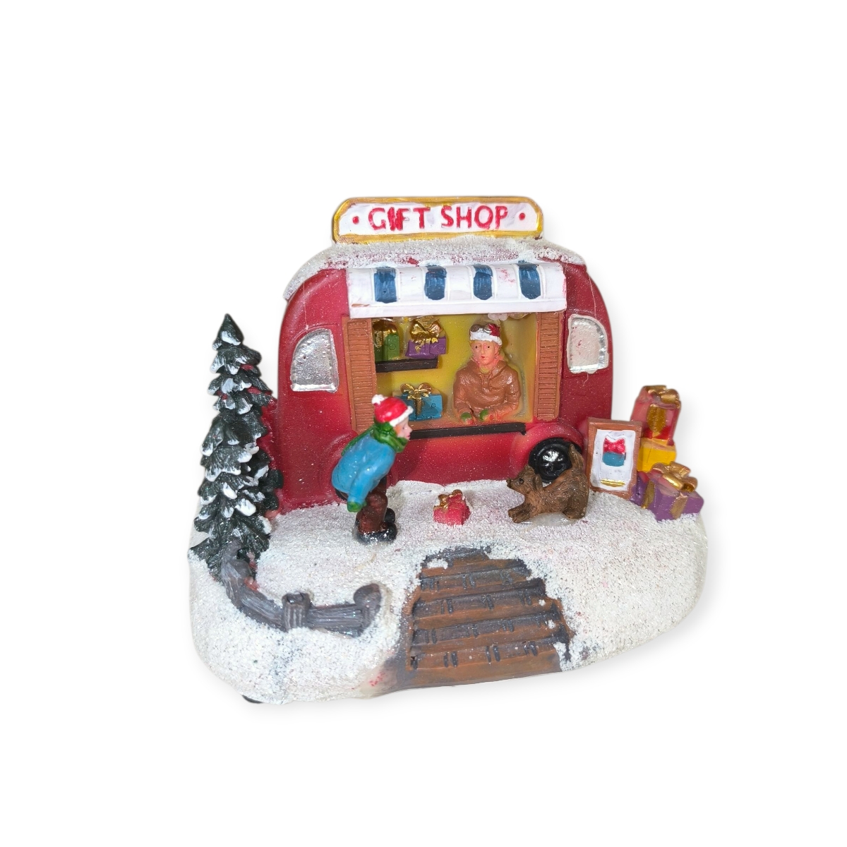 Karácsonyi falu dekoráció ajándékbolt LED világítással 10,5 cm