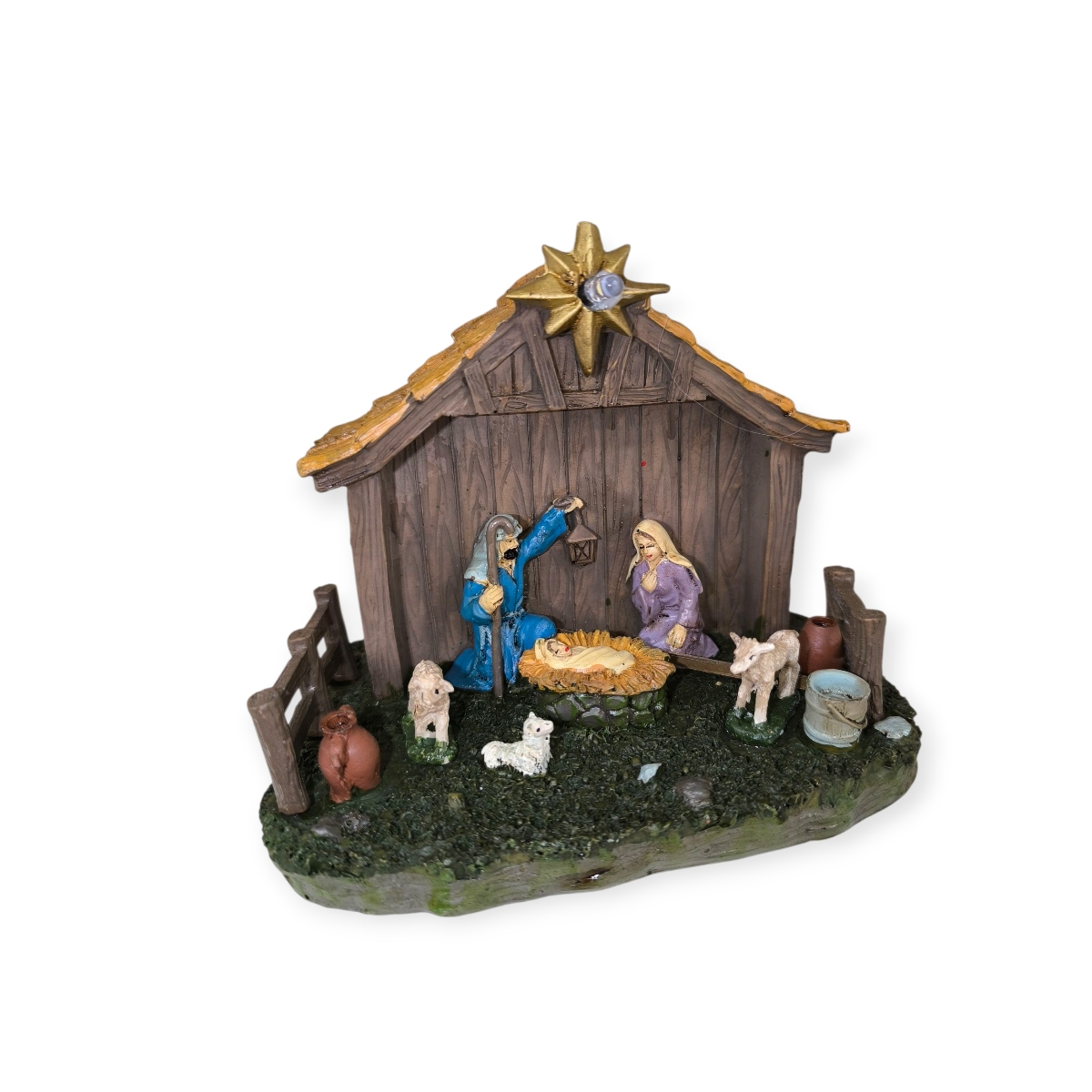 Karácsonyi falu jászol jelenet LED világítással 16 cm