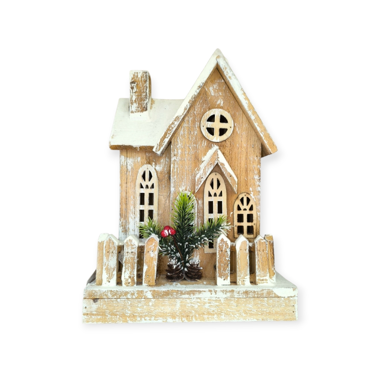 Fából készült karácsonyi ház LED világítással és piros bogyókkal 33 cm
