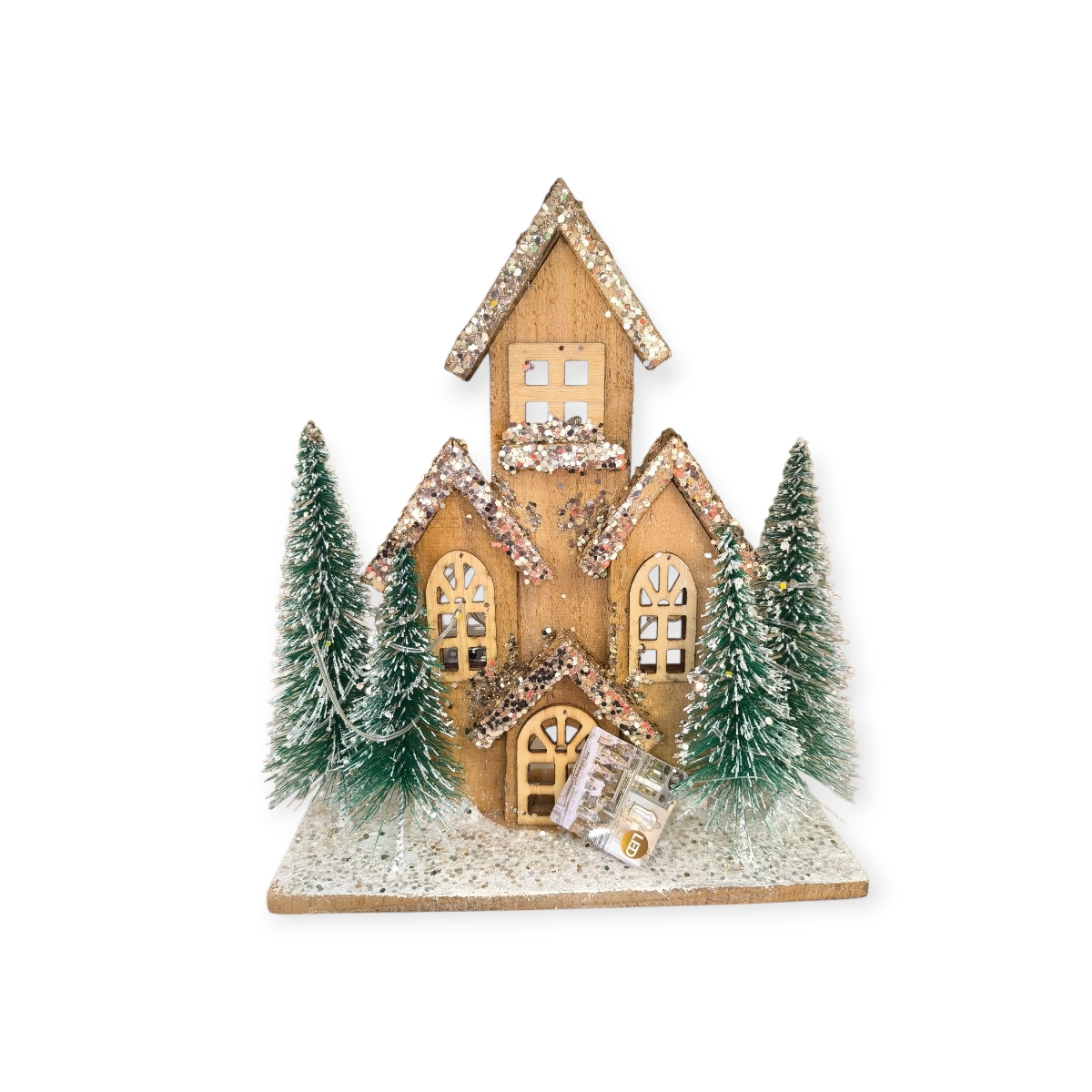 Fából készült karácsonyi ház LED világítással és fenyőfákkal 29 cm