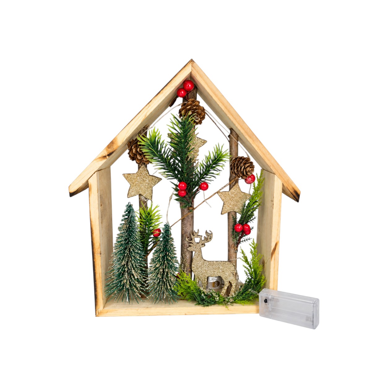 Világító fa karácsonyi házikó rénszarvassal (27 cm)