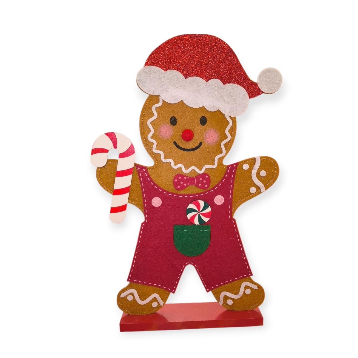 Mézeskalács ember filc dekoráció piros ruhában és nyalókával 46 cm