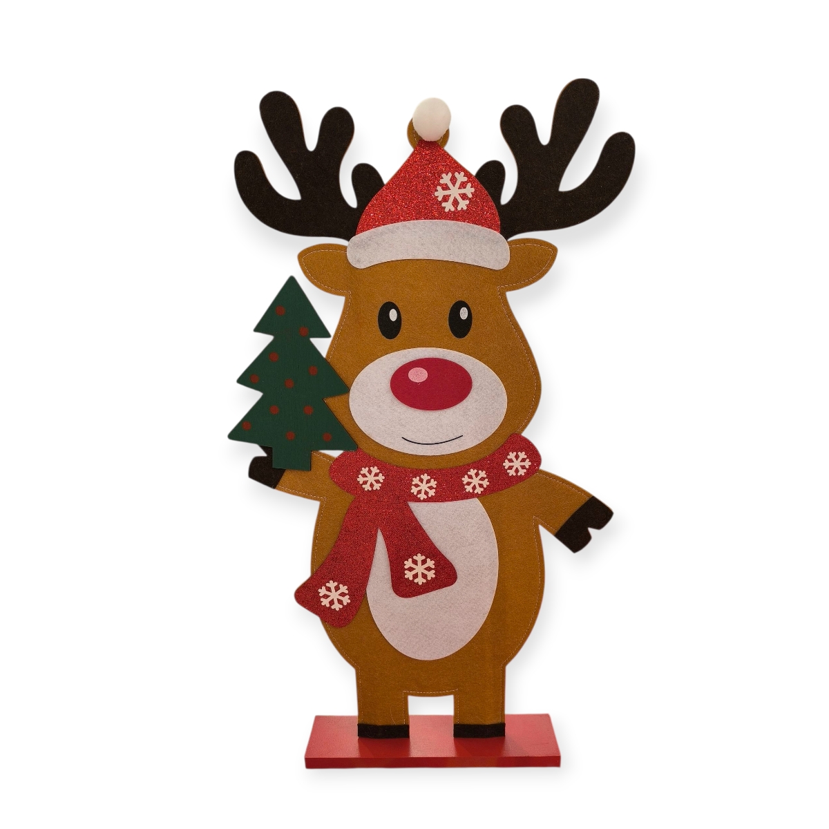 Rénszarvas filc dekoráció piros sállal és zöld fával 64 cm