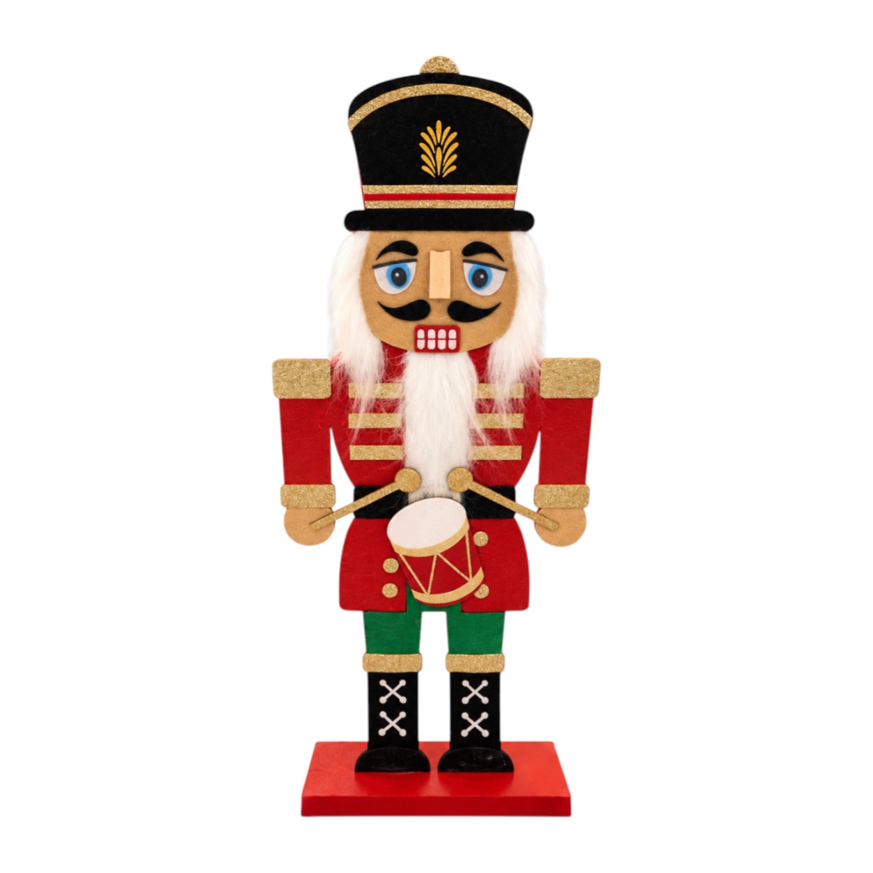 Diótörő filc dekoráció dobbal, piros ruhában (64 cm)