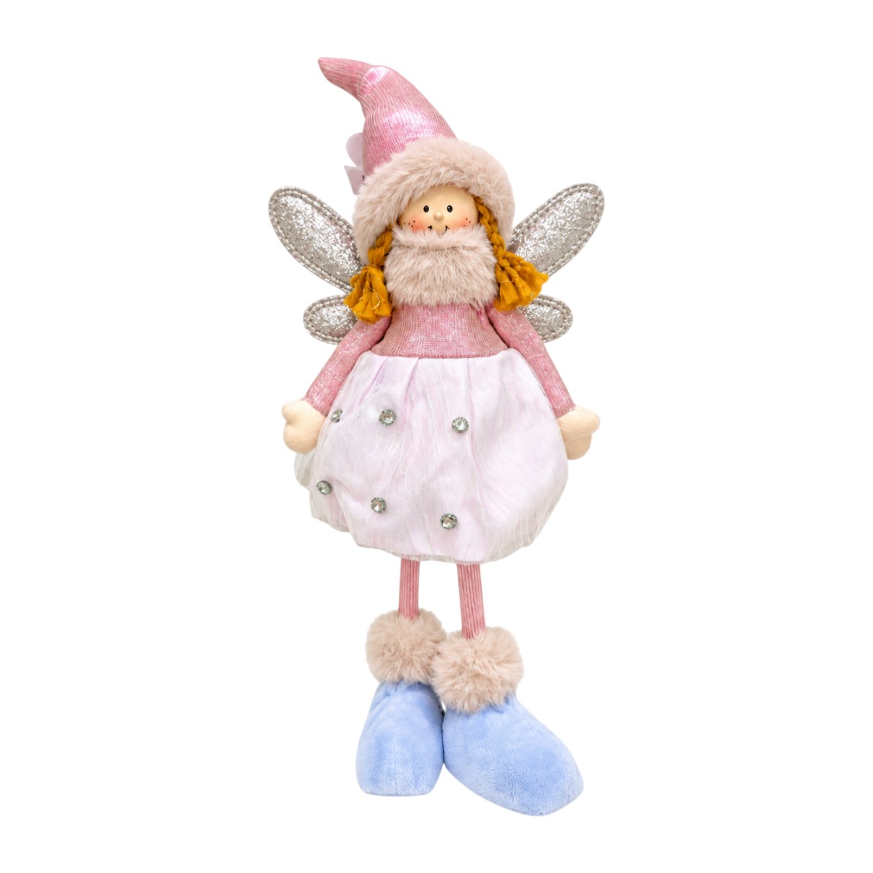 Lila ruhás karácsonyi angyalfigura csillogó szárnnyal (38 cm)