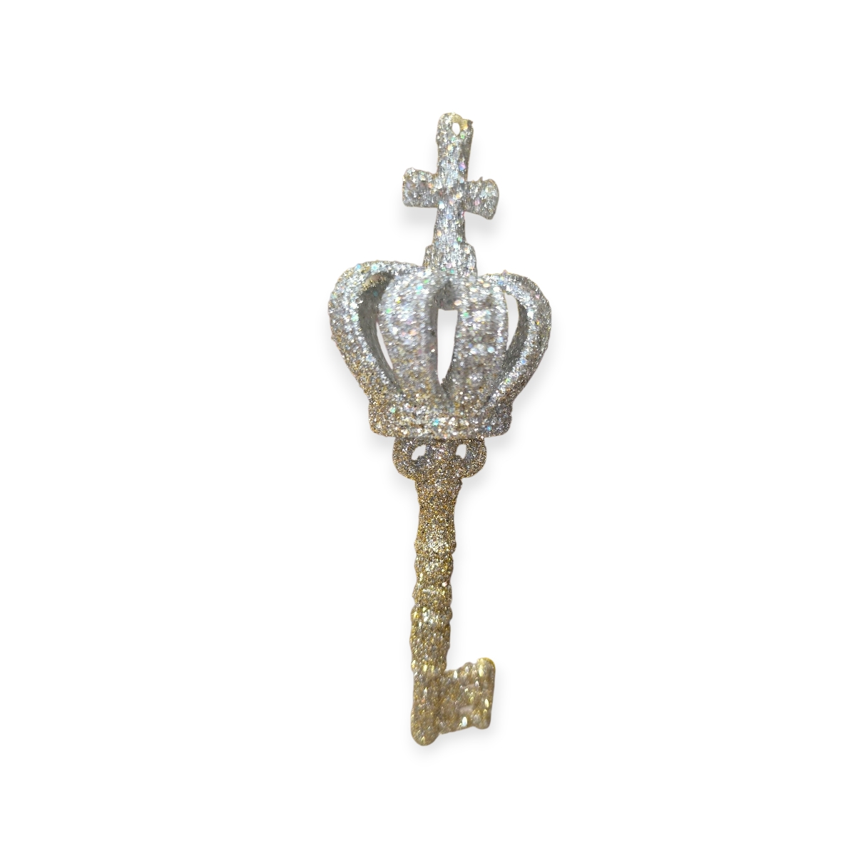Kulcsos karácsonyfadísz koronával – pezsgő csillámos ezüst, 5x15 cm