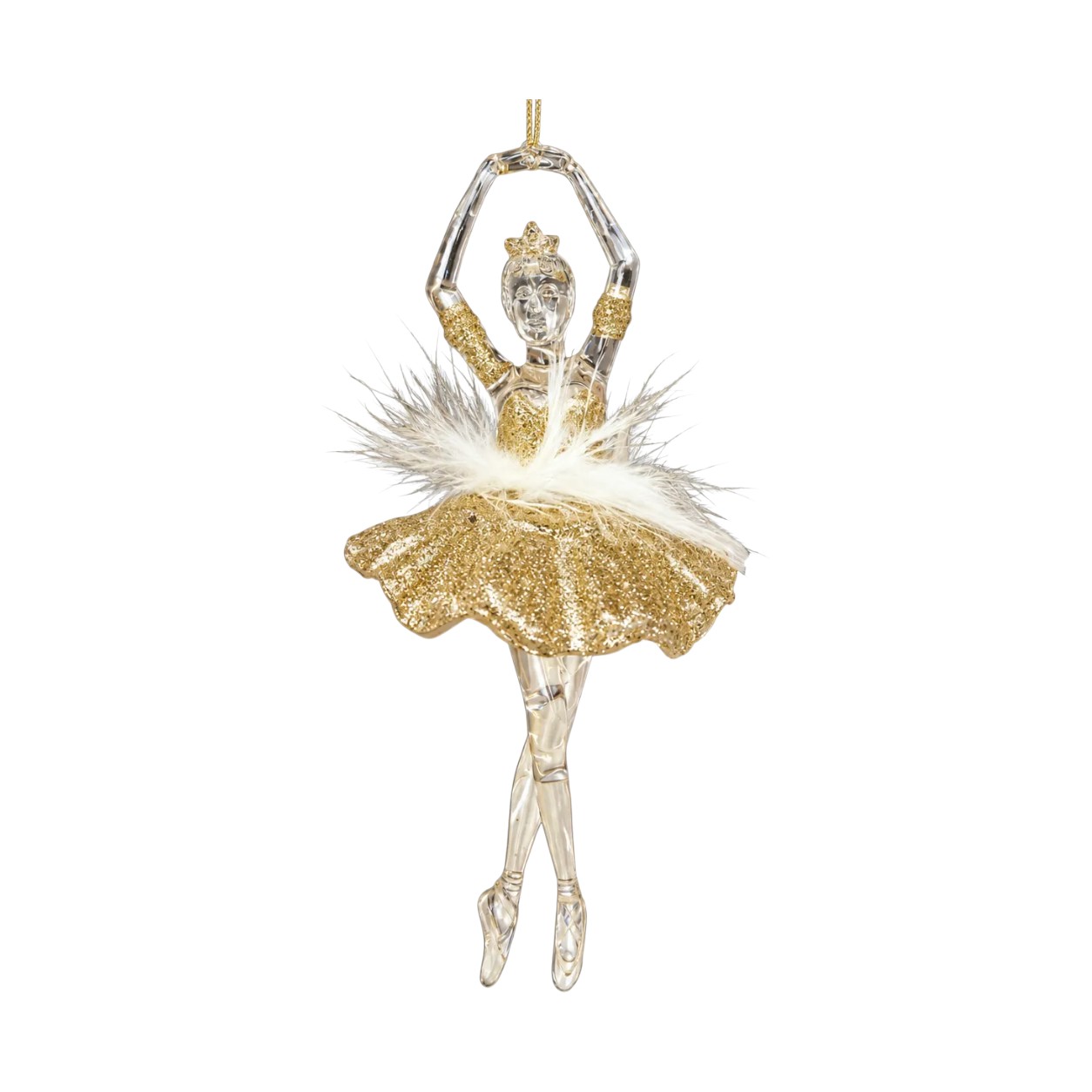 Pezsgőbézs csillámos balerina karácsonyfadísz átlátszó szoknyával – 18 cm