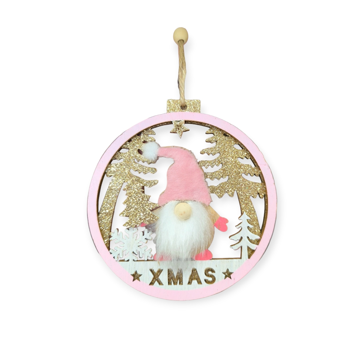 Fa gnóm karácsonyfadísz – rózsaszín, 11 cm