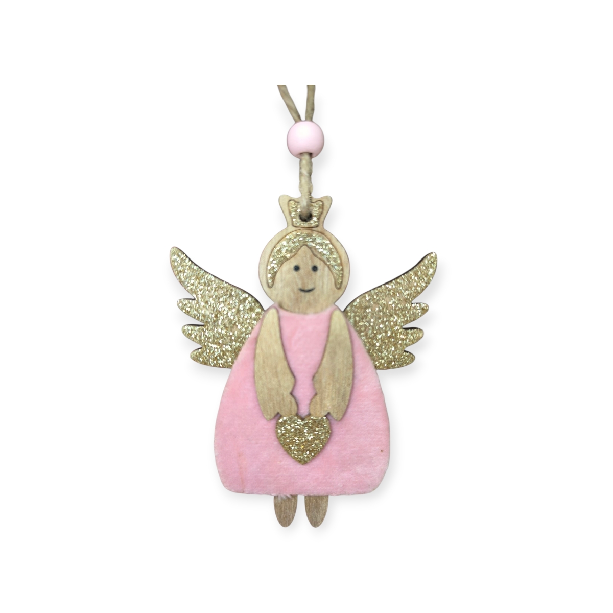 Angyal karácsonyfadísz – rózsaszín bársony, pezsgő csillámos, 11 cm