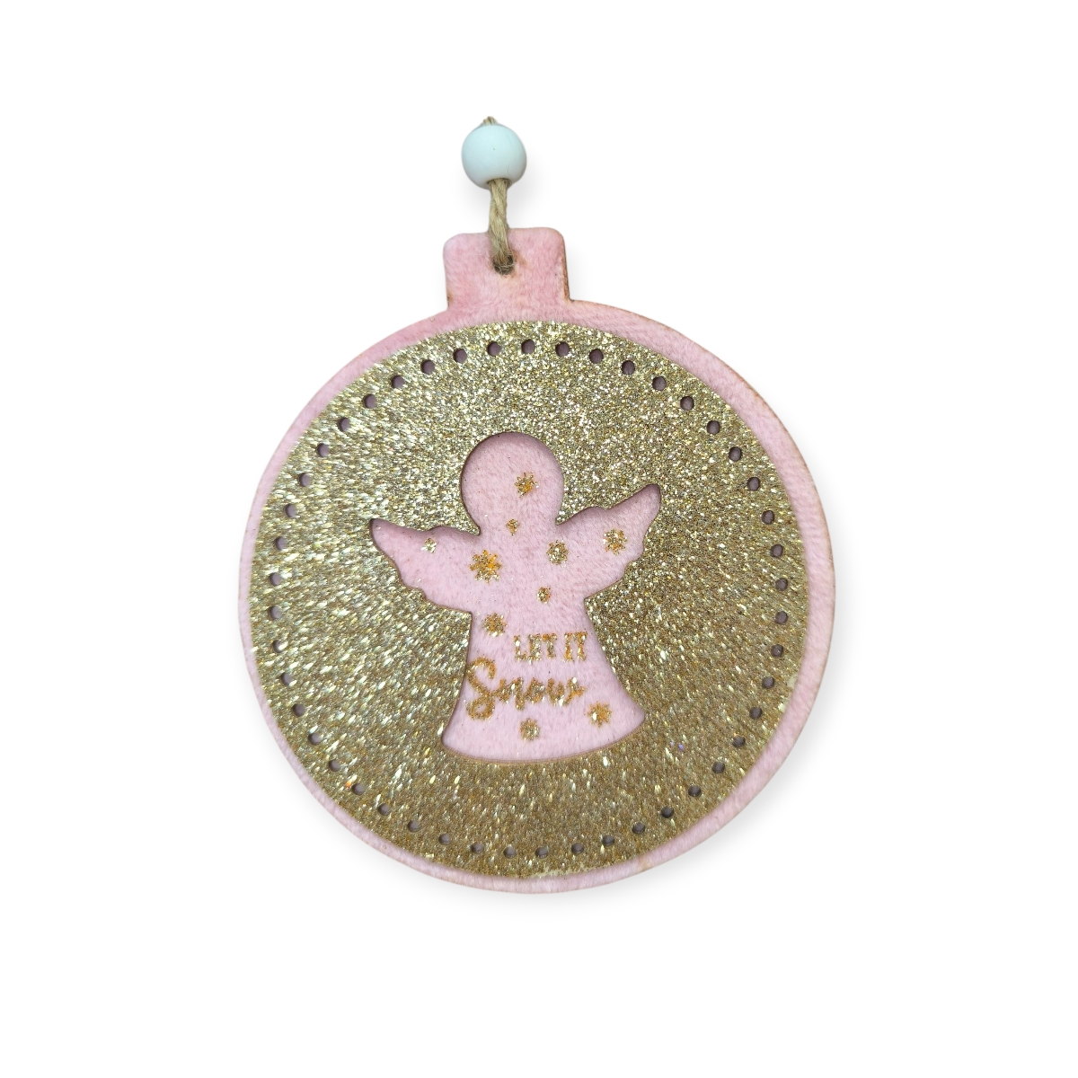 Kerek angyal karácsonyfadísz – rózsaszín, bézs csillámos, Ø10 cm