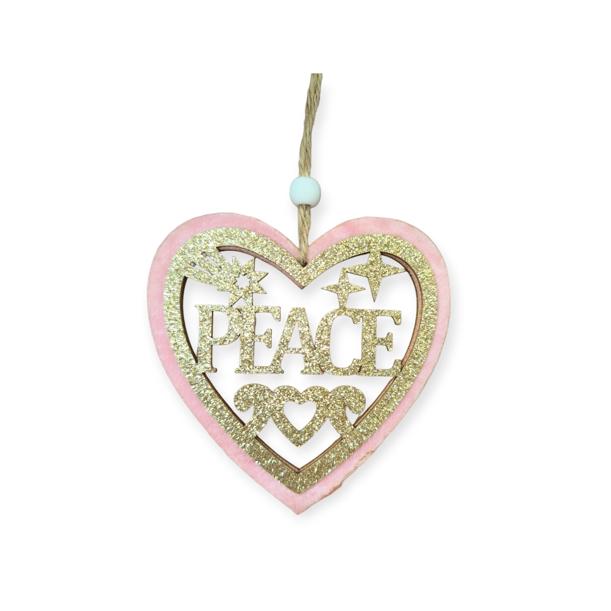 Szív karácsonyfadísz – rózsaszín bézs, „Peace”, 10 cm