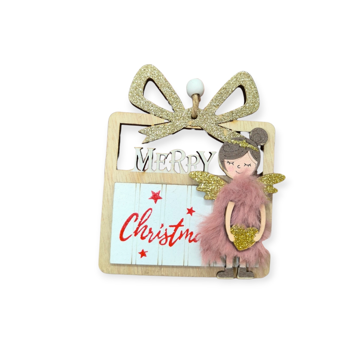 Fa ajándék angyal karácsonyfadísz – rózsaszín, 3D, 8,5×10,5 cm