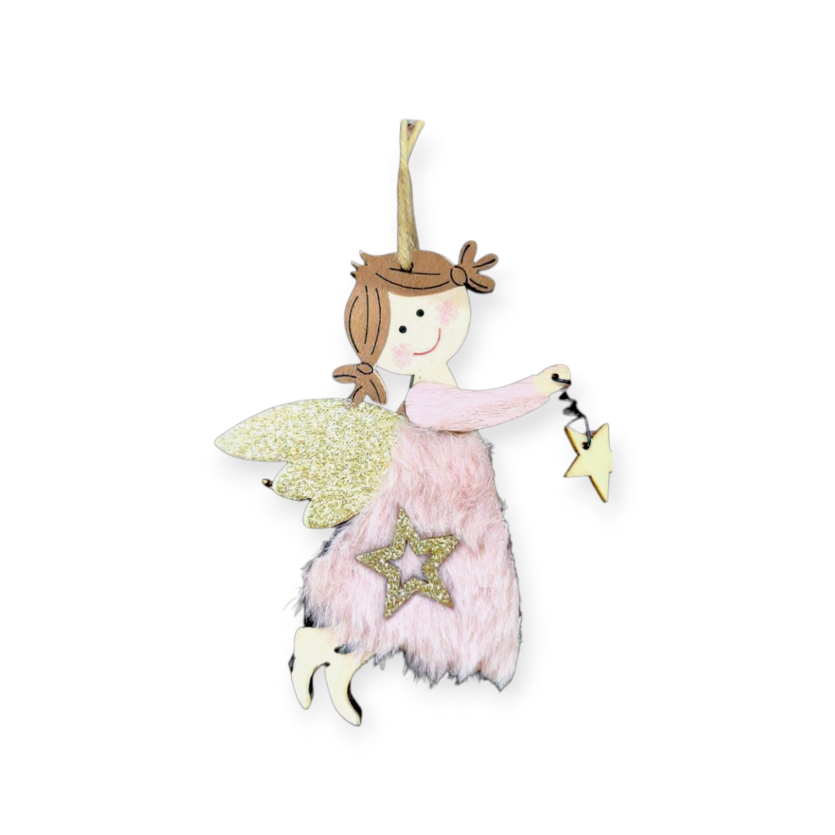 Angyal karácsonyfadísz – csillagos, rózsaszín szőrme, 14 cm
