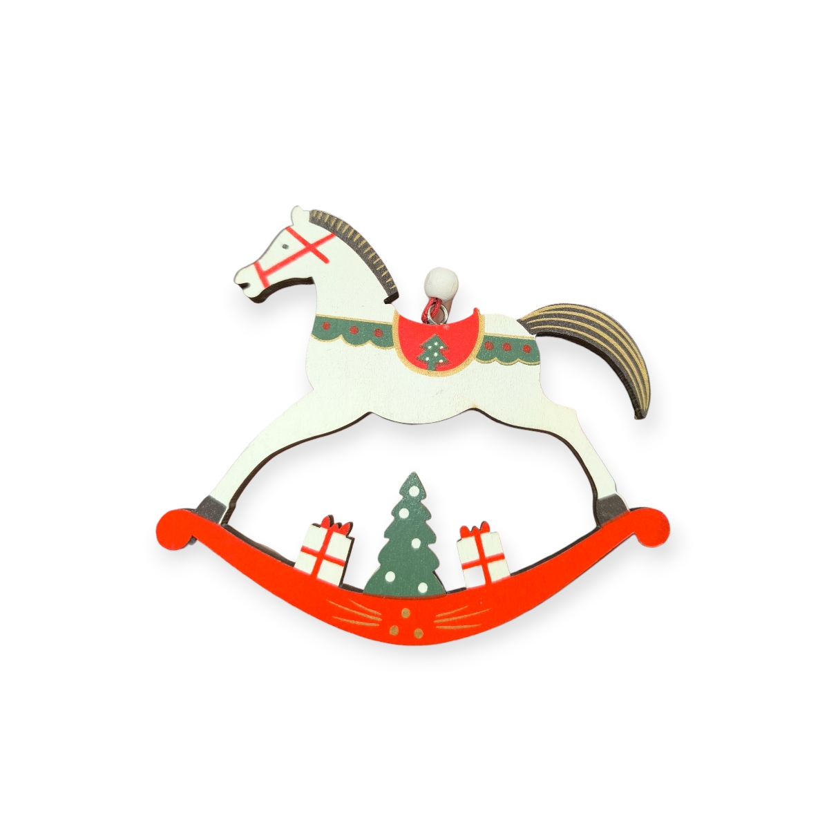 Fa hintaló karácsonyfadísz – piros, ajándékokkal, 12 cm