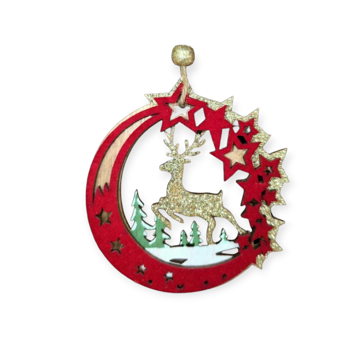 Fa karácsonyfadísz – bordó bársonyos félhold arany szarvassal, 10 cm