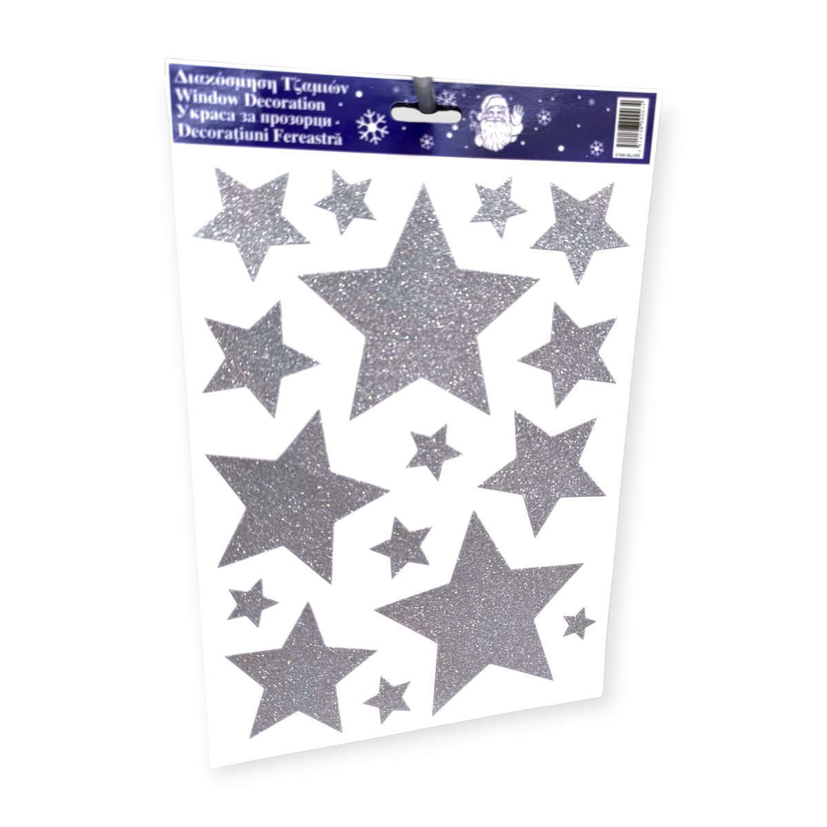 Dekoratív karácsonyi matricák csillogó ezüst csillagokkal – 20x30 cm