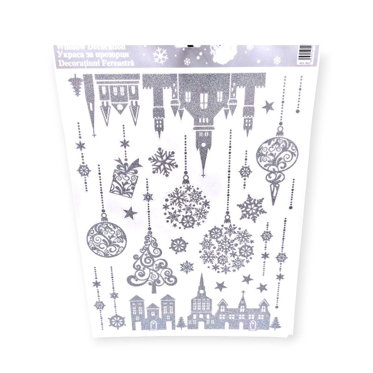 Karácsonyi ablakmatricák ház és templom mintával ezüst csillogással 30x42cm