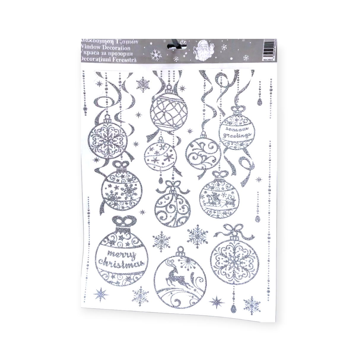 Dekoratív karácsonyi matricák – függő gömbök csillogó ezüsttel 30x42cm
