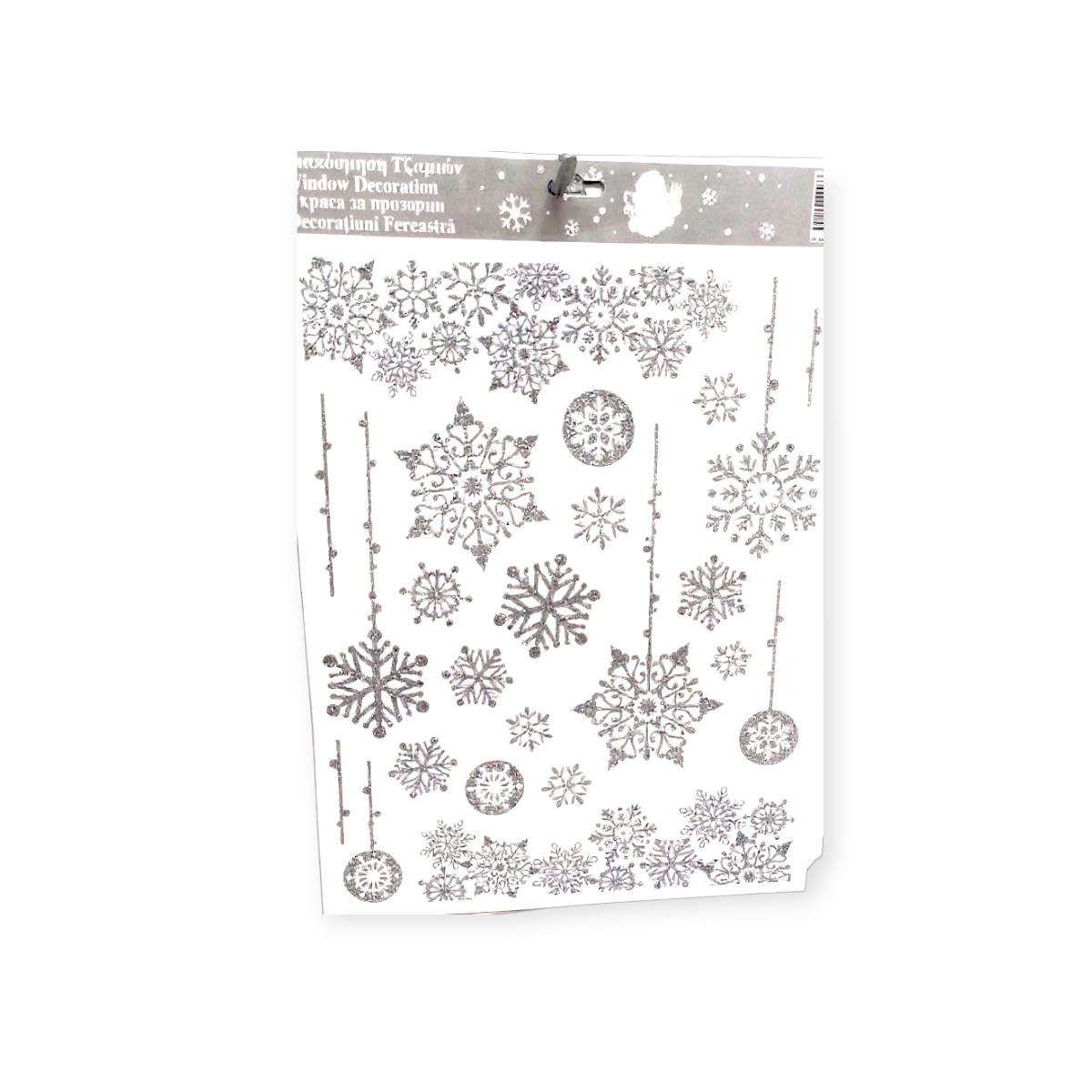 Karácsonyi dekoratív matricák – hópelyhek és gömbök csillogó ezüsttel 30x42cm