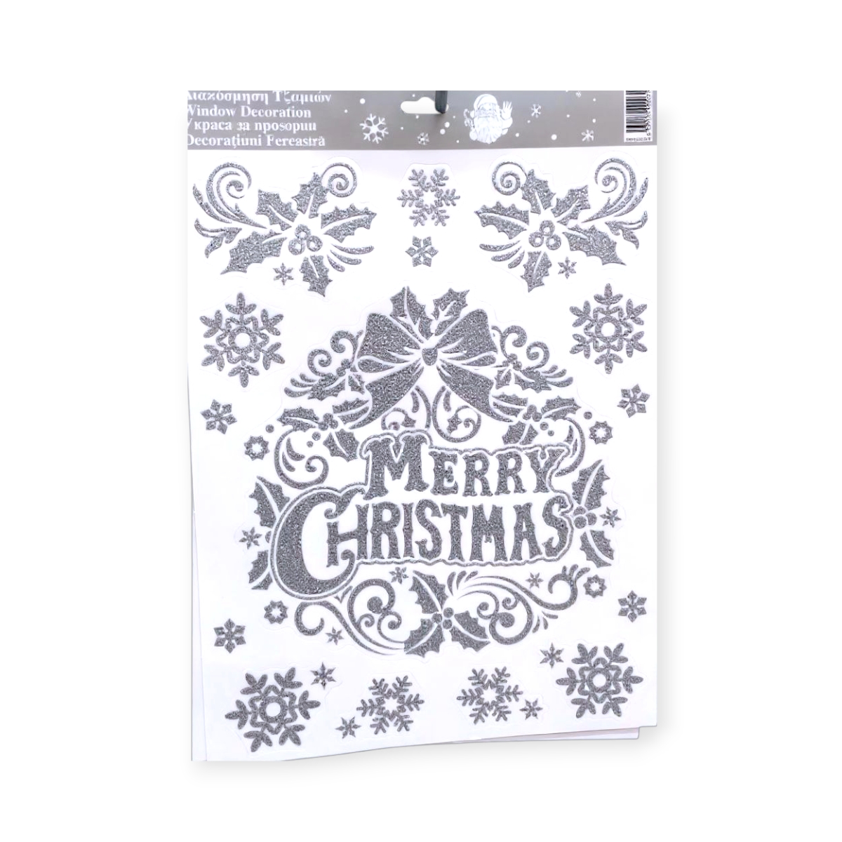 Karácsonyi dekoratív matricák – Boldog Karácsonyt koszorú csillogó ezüsttel 30x42cm