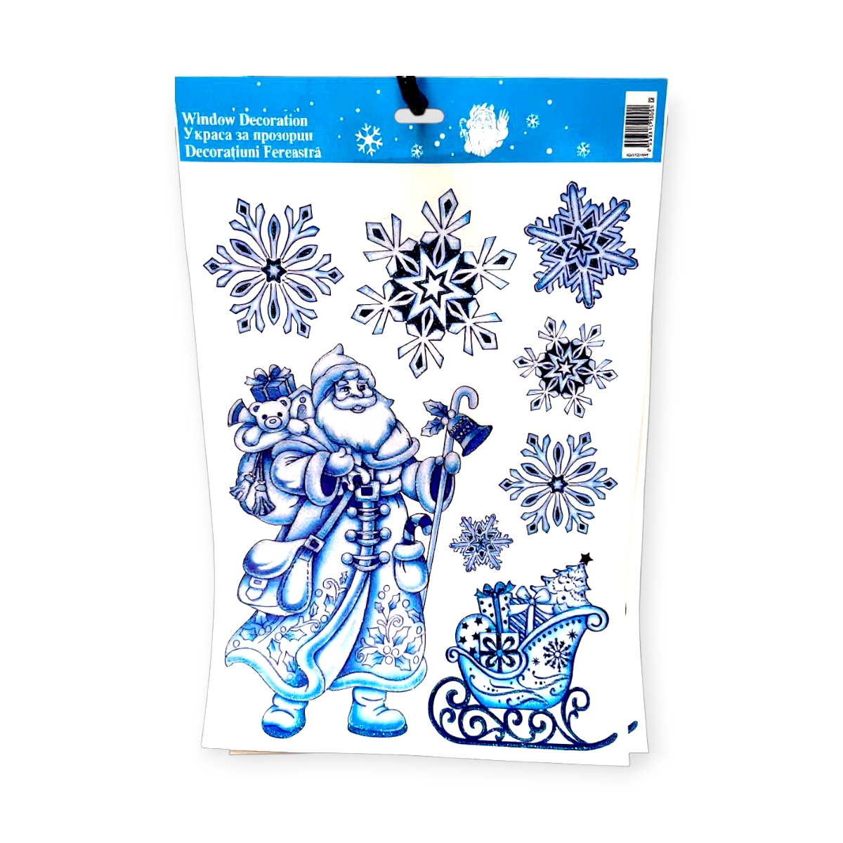 Karácsonyi matrica – Mikulás szánpelyhek irizáló kék csillámmal 30x38cm