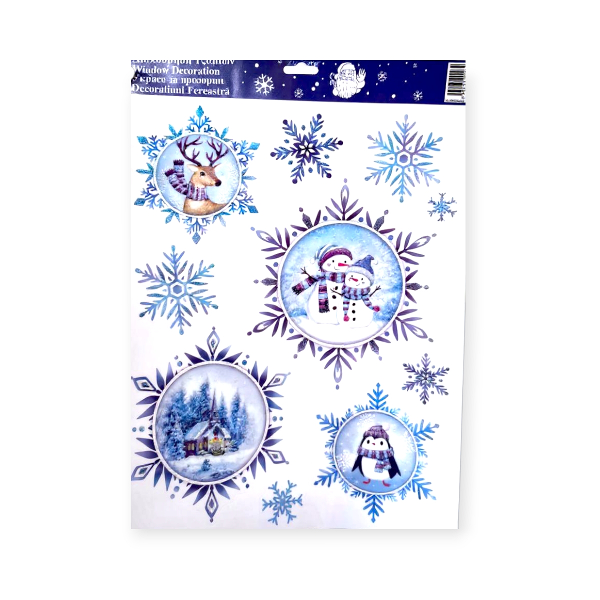 Hópelyhes karácsonyi matrica kék csillámmal 30x42cm