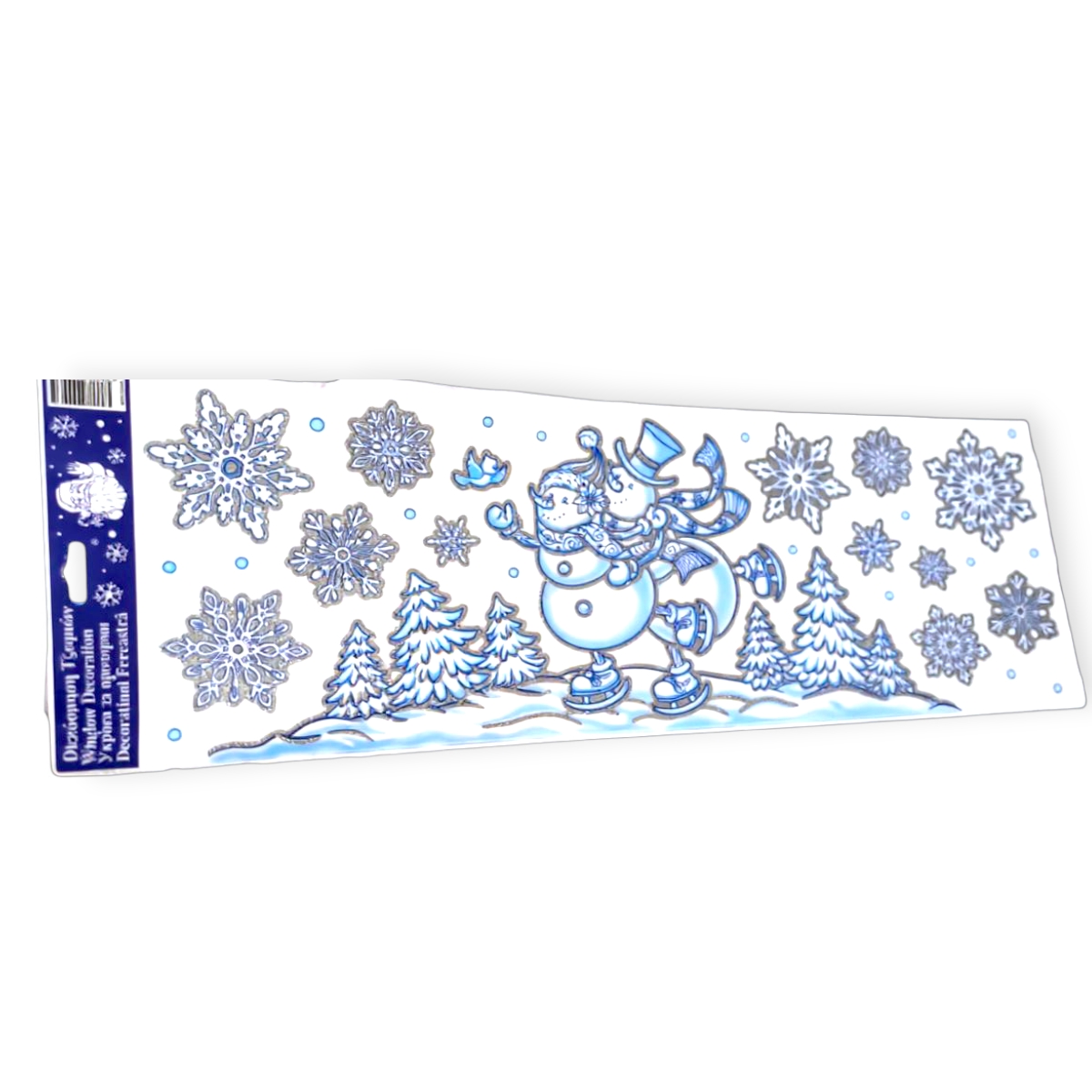 Karácsonyi ablakmatrica hóemberrel és fenyőkkel kék-ezüst csillámmal 60x20cm