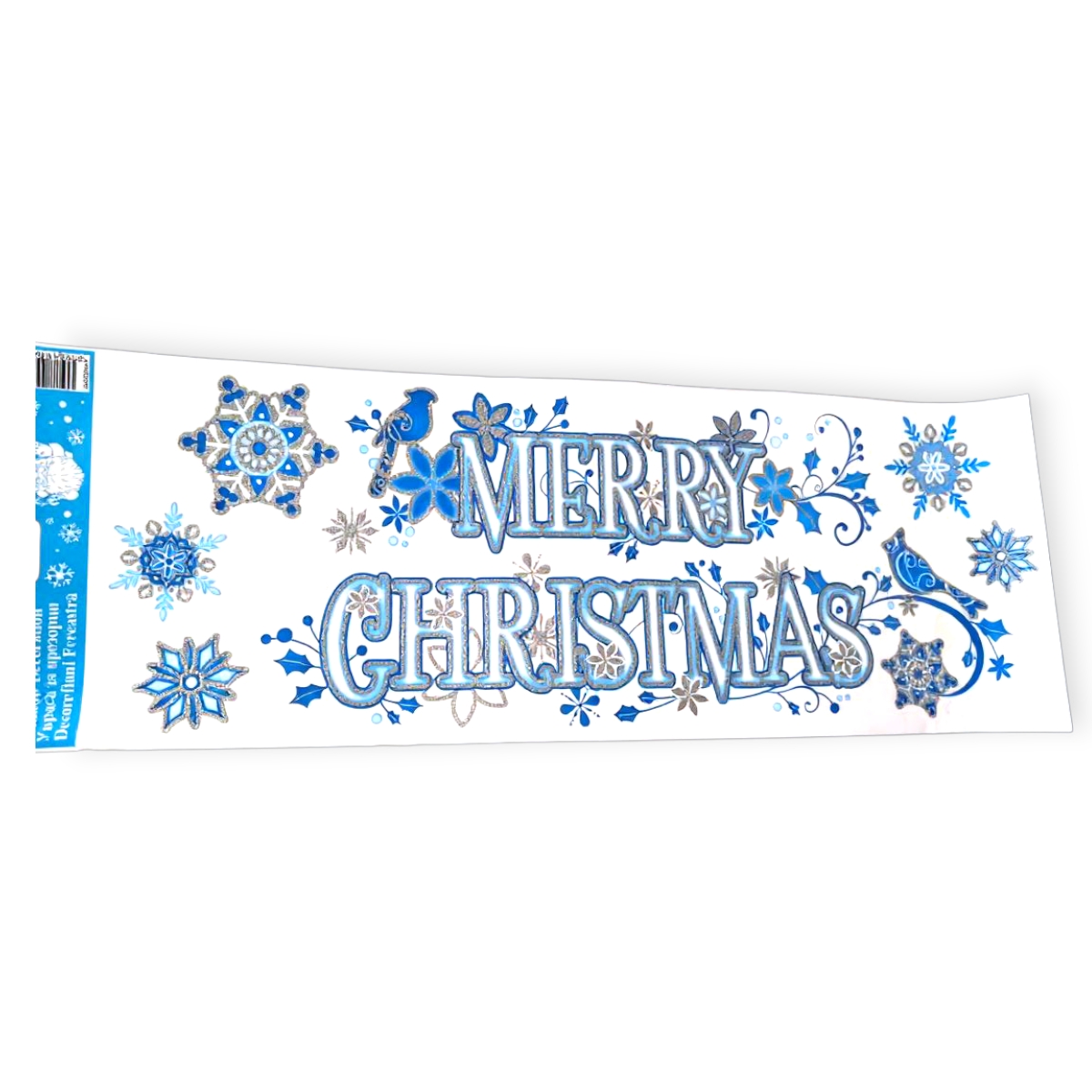 Karácsonyi ablakmatrica madarakkal és pelyhekkel kék-ezüst csillámmal 20x60cm