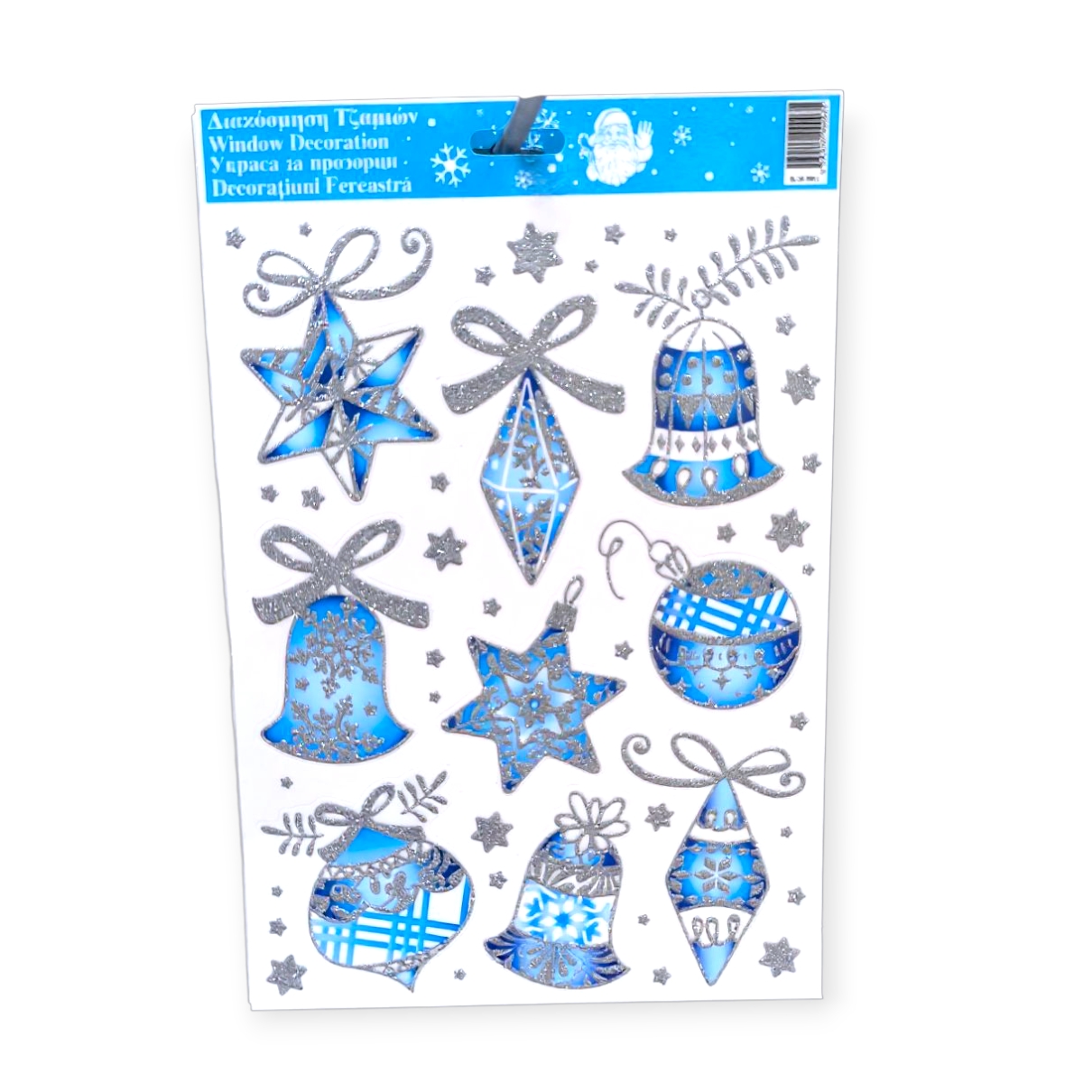 Karácsonyi ablakmatrica harangdíszekkel és gömbökkel kék-ezüst 20x30cm