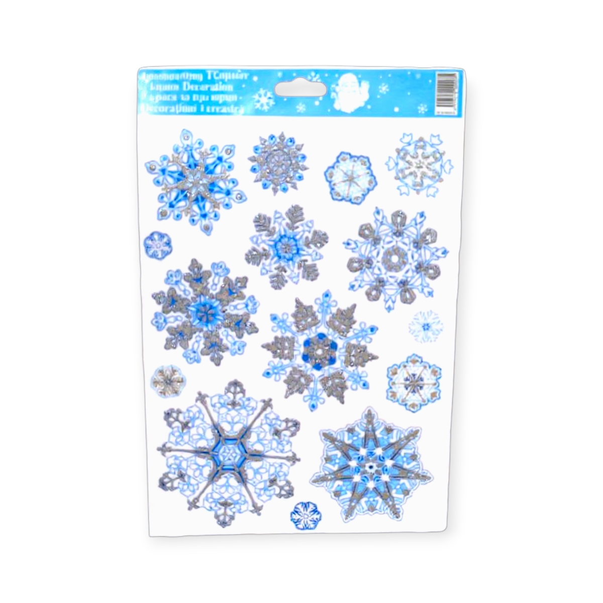 Karácsonyi ablakmatrica hópelyhekkel kék-ezüst 20x27cm