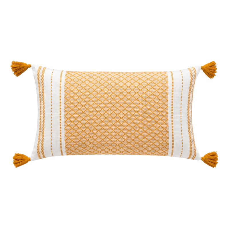 Bézs díszpárna mustársárga rombusz mintával és bojtokkal – 50 × 30 cm
