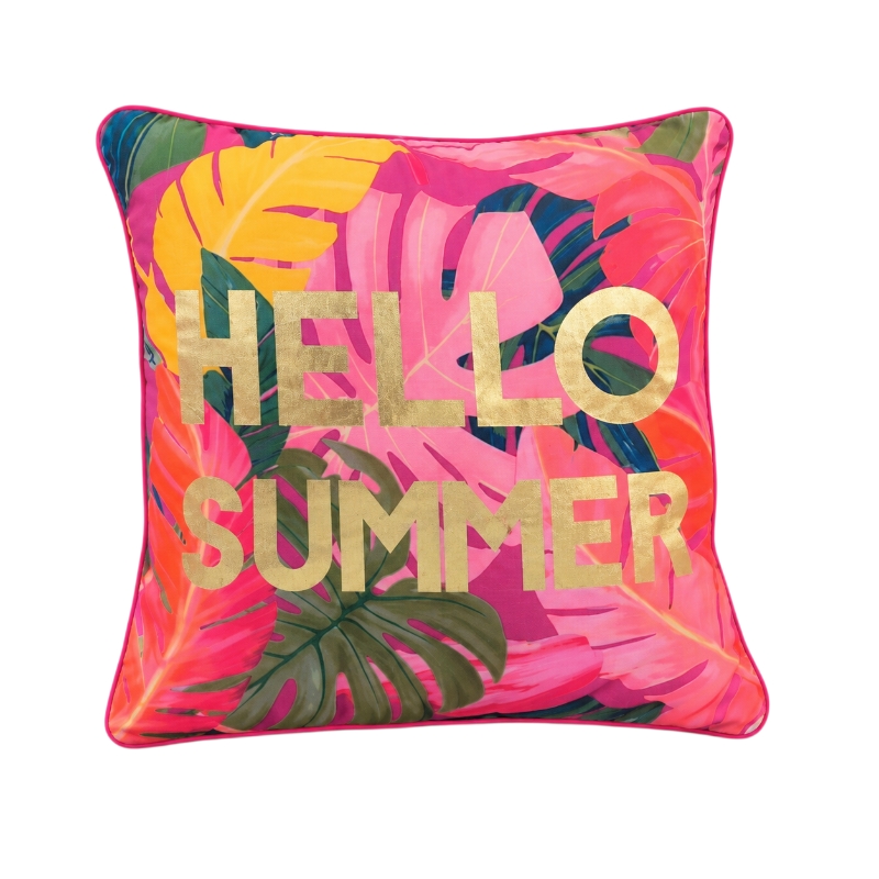 Korall trópusi mintás díszpárna Hello Summer felirattal – 45 × 45 cm