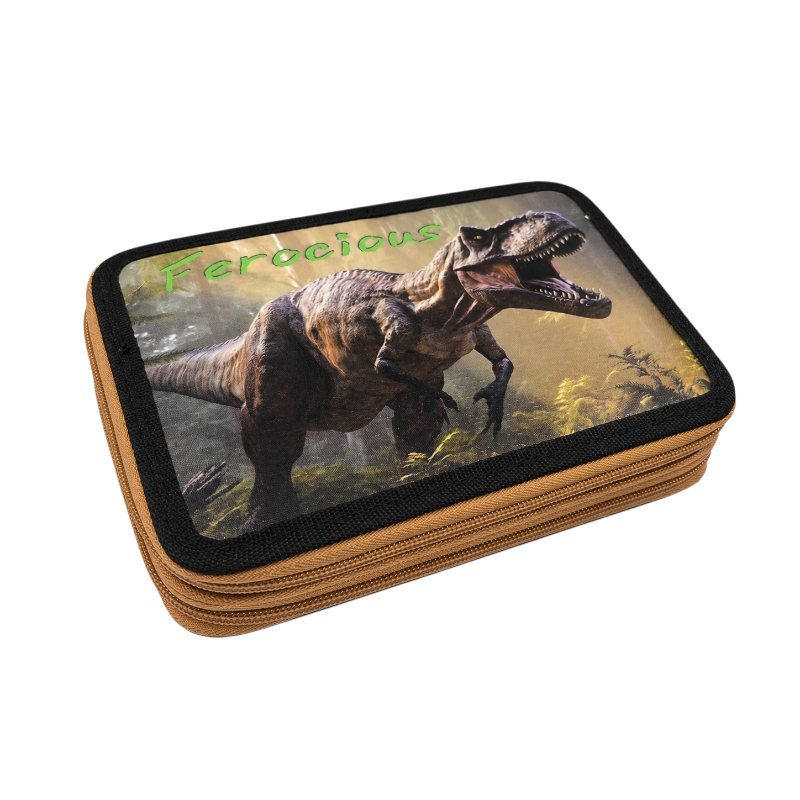 Dinoszauruszos töltött tolltartó – khaki, 2 rekeszes, 15 × 4 × 20 cm