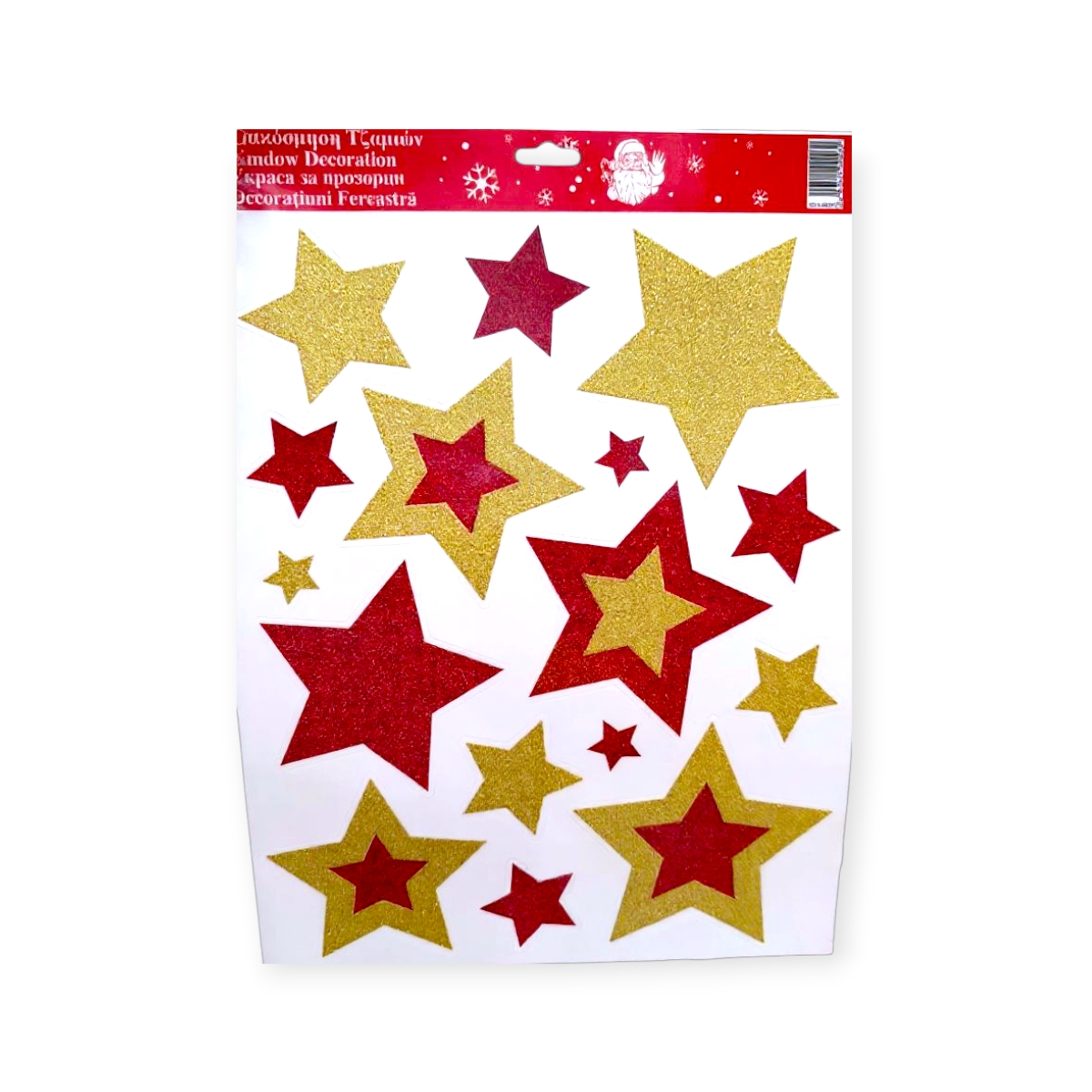 Karácsonyi ablakmatrica piros csillagokkal és arany csillámmal 30x38cm