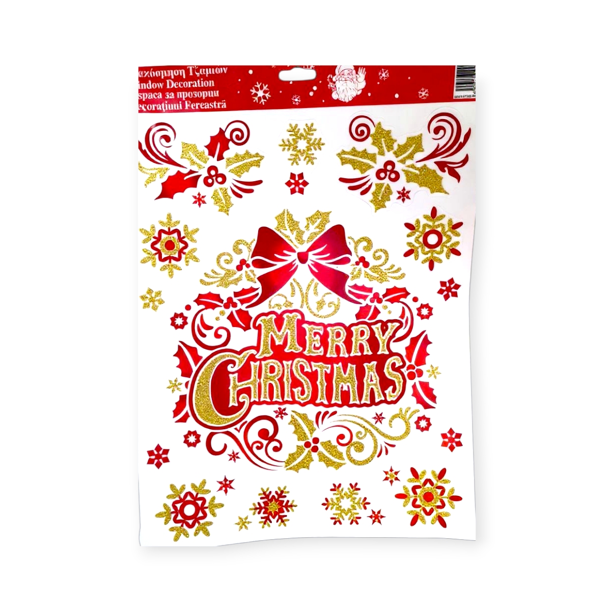 Karácsonyi ablakmatrica koszorú „Boldog Karácsonyt” piros-arany csillámos 30x38cm