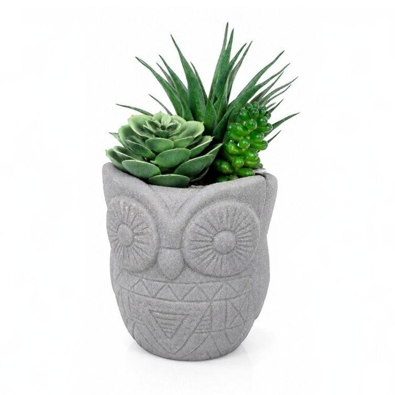 Bagoly alakú cement kaspó műpozsgással 9x20 cm