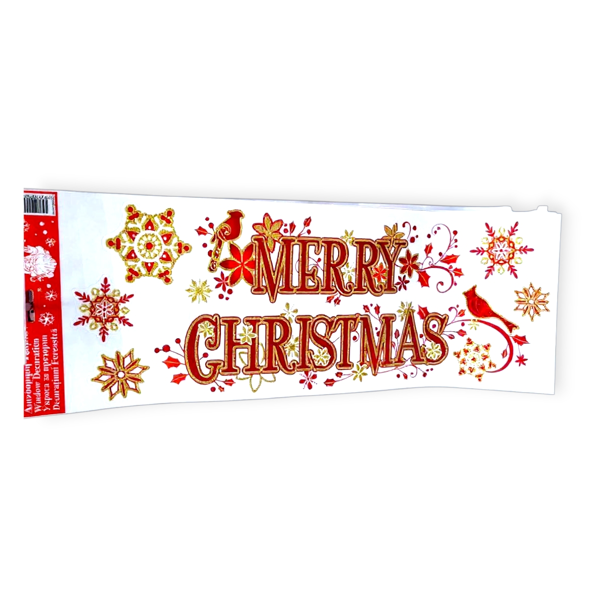 Karácsonyi ablakmatrica Boldog Karácsonyt piros madarak arany csillám 20x60cm