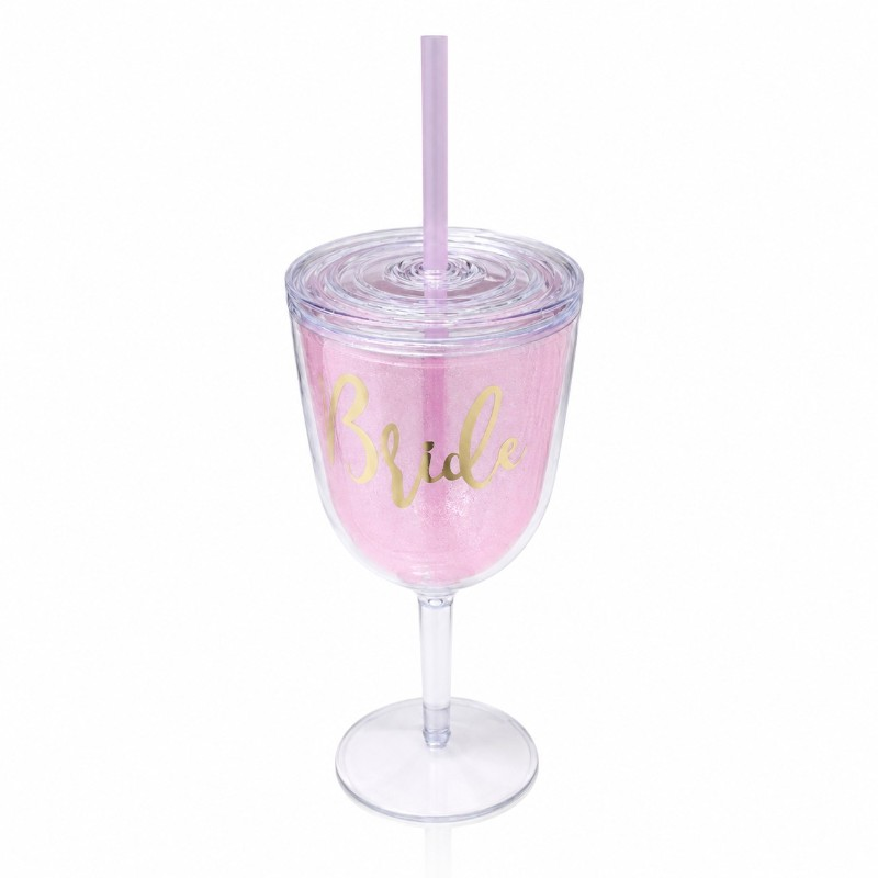 Bride rózsaszín borospohár szívószállal 400 ml