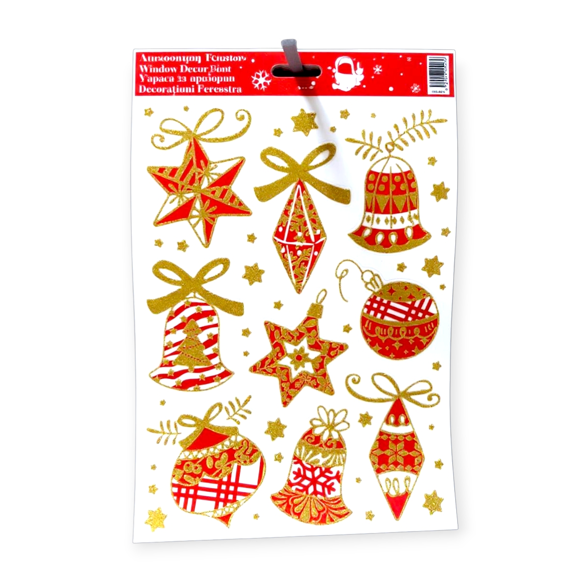 Piros gömb karácsonyi ablakmatrica arany csillámmal 20x30cm