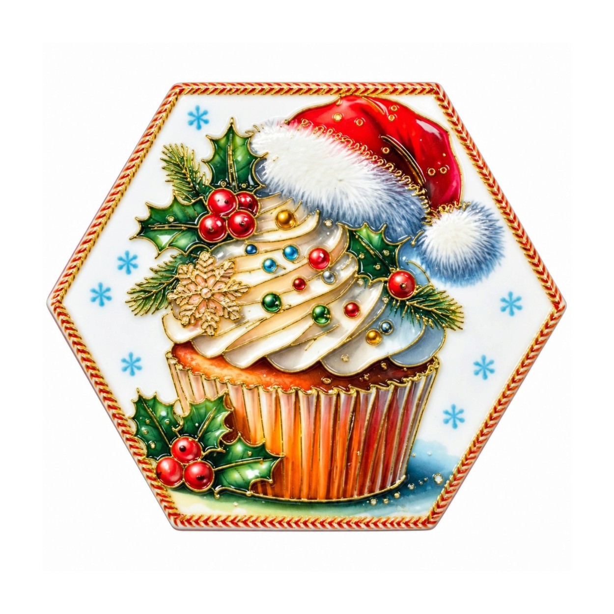 Hatszögletű kerámia karácsonyi poháralátét muffin mintával (10,8 cm)