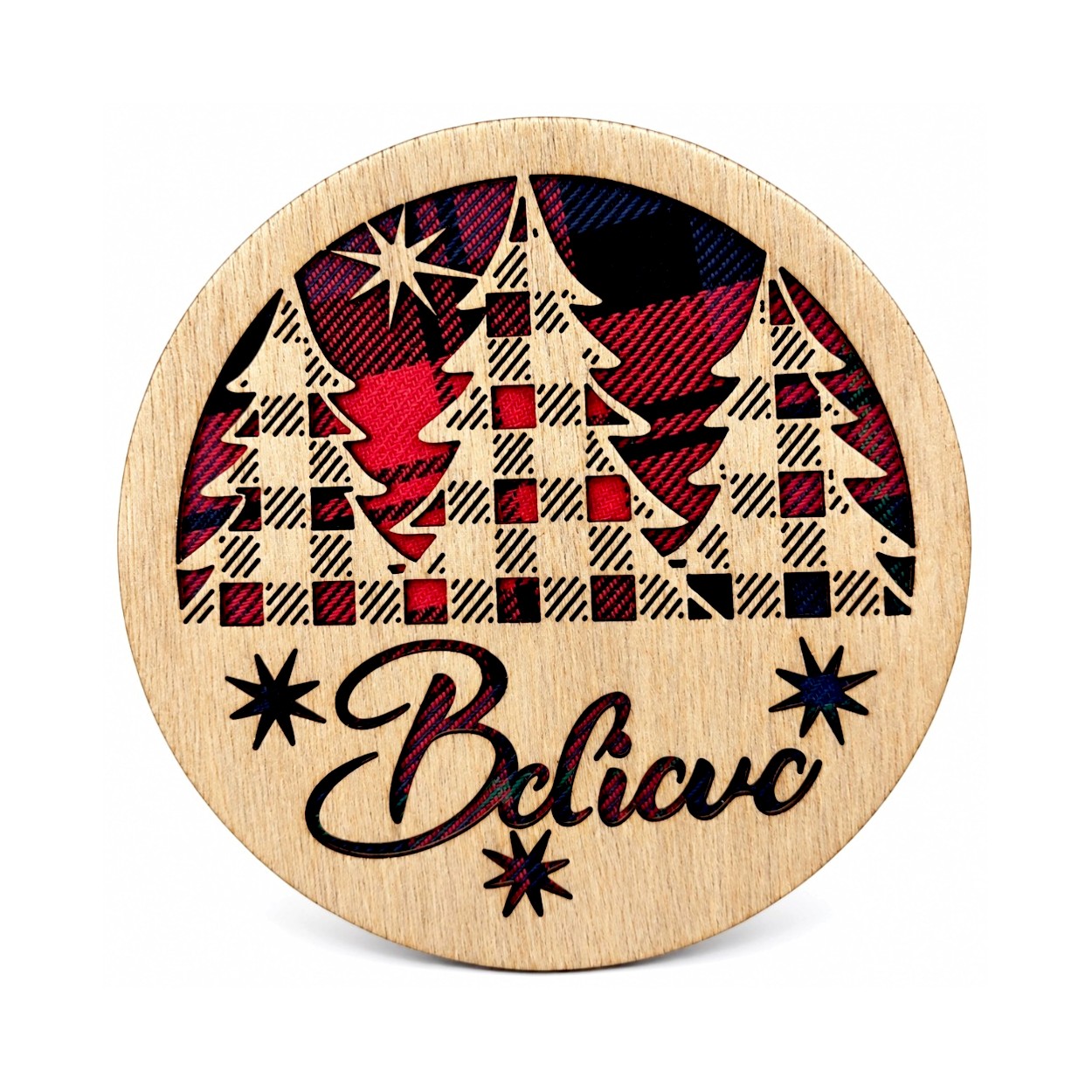 Kockás textil fa poháralátét (10 cm)