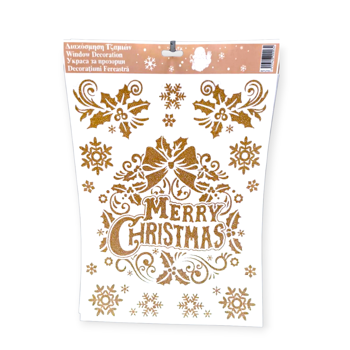 Karácsonyi ablakmatrica koszorú "Boldog Karácsonyt" bronz csillámmal 30x38cm