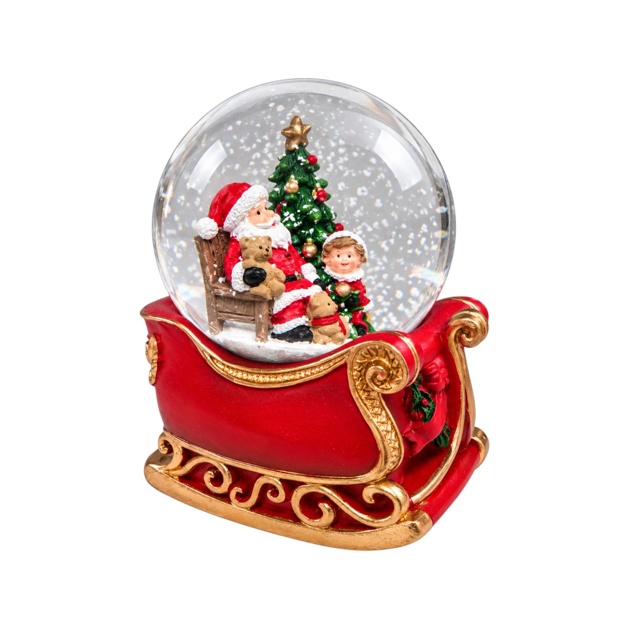 Zenélő karácsonyi LED hógömb piros szán alakban – 16 cm