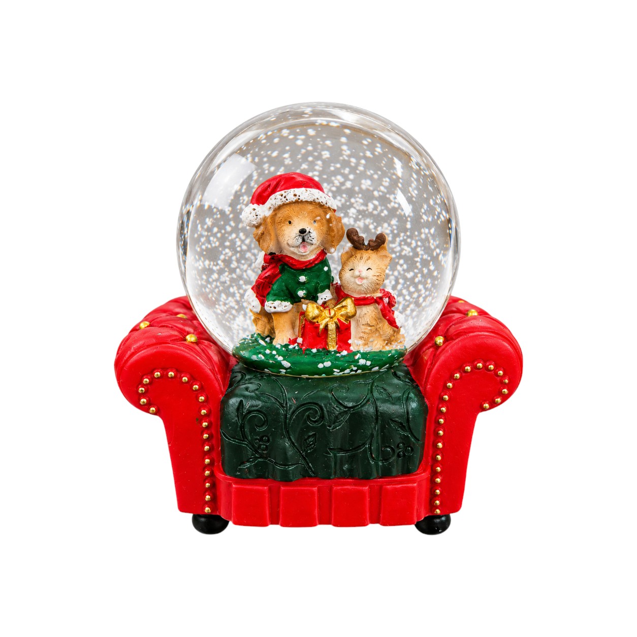 Karácsonyi hógömb kutyus és kiscica figurával piros karosszék alapon – 10 cm