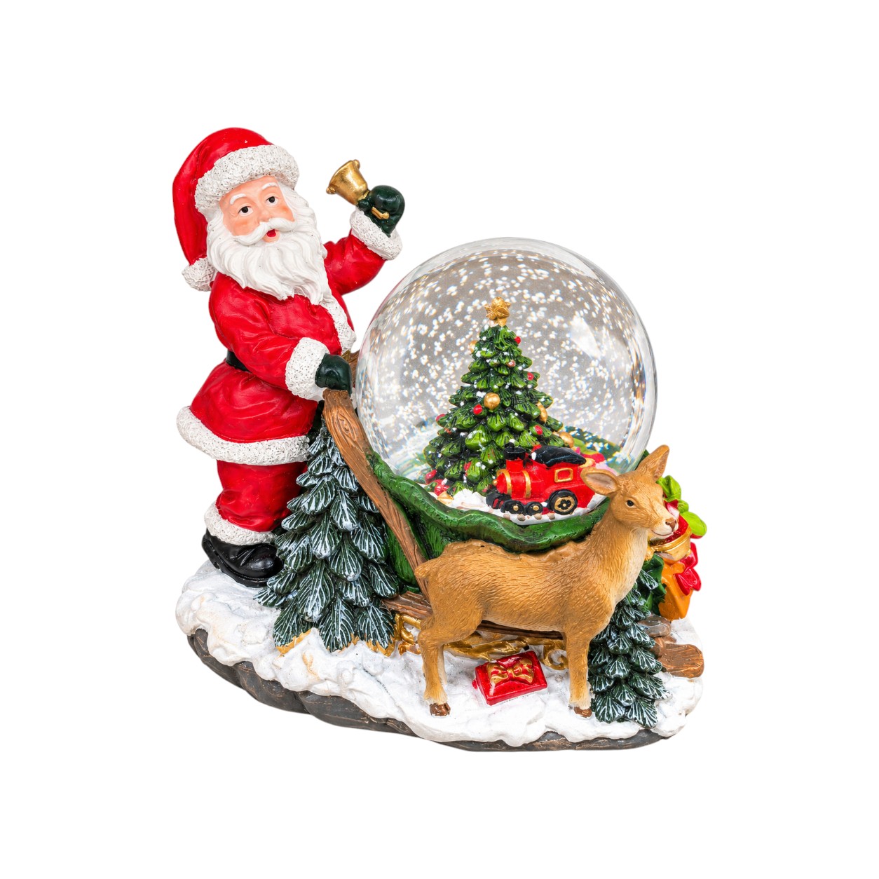 Zenélő karácsonyi LED hógömb Mikulással és szán alappal – 18 cm