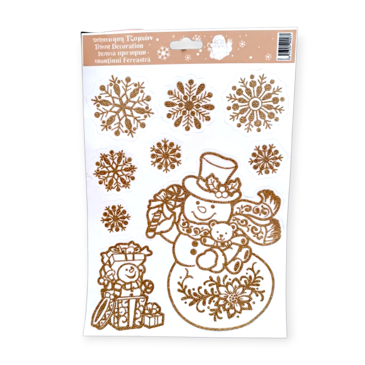 Karácsonyi ablakmatrica hópelyhek és hóember bronz csillámmal 20x30cm