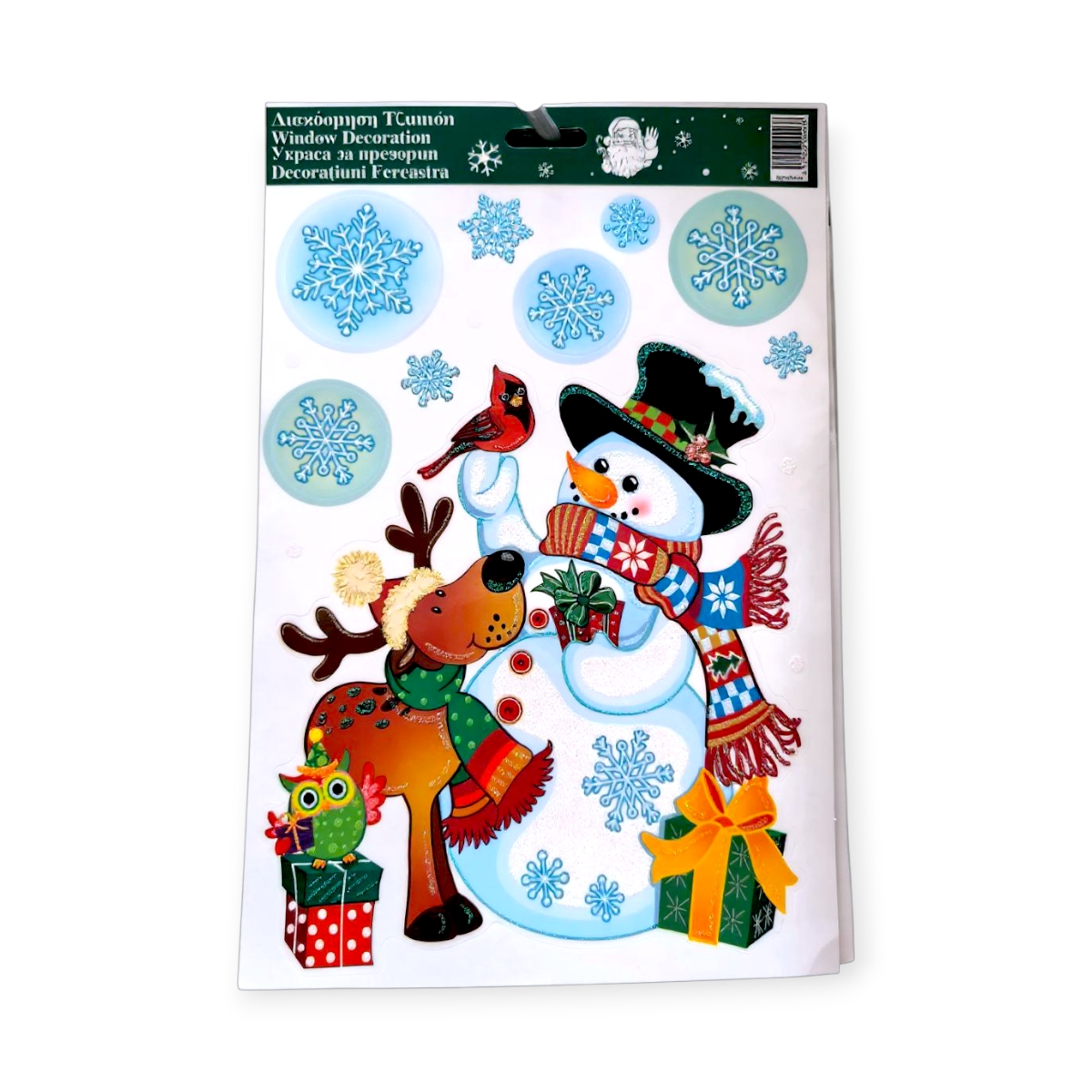 Karácsonyi ablakmatrica hóember és rénszarvas csillogó hópelyhekkel 20x30cm
